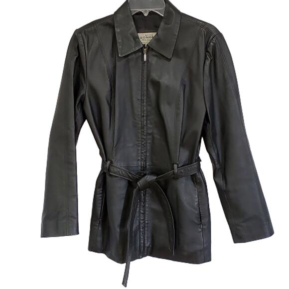 Sonoma Leather Coat Black Full Zip Belted Women M - Picture 2 of 8